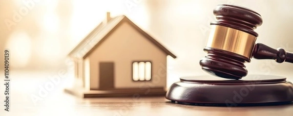 Fototapeta Justice and Home Ownership A Wooden Gavel Beside an Ornate House Model in a Courtroom Setting - Symbolizing the Connection Between Law and Property Rights