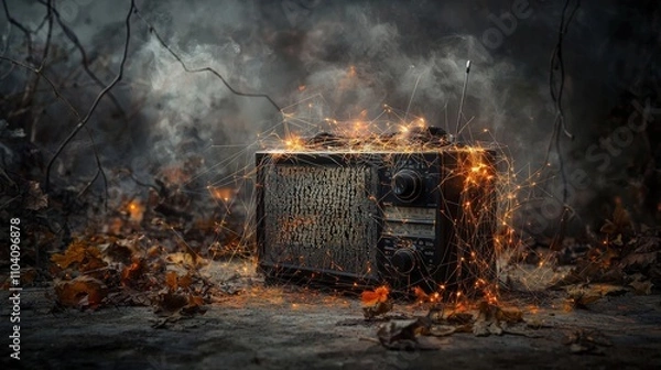 Fototapeta Vintage radio illuminated by threads of light abandoned setting artistic photography dark atmosphere surreal concept