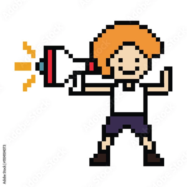 Fototapeta Cute pixel cartoon character man with megaphone announcement speaker information announce decoration 8 bit male boy megaphone cartoon pixel game png vector. 