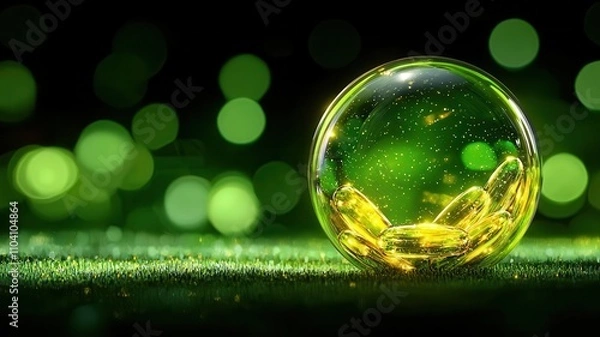 Fototapeta A close-up of green capsules in a translucent sphere on a vibrant green background with soft bokeh.