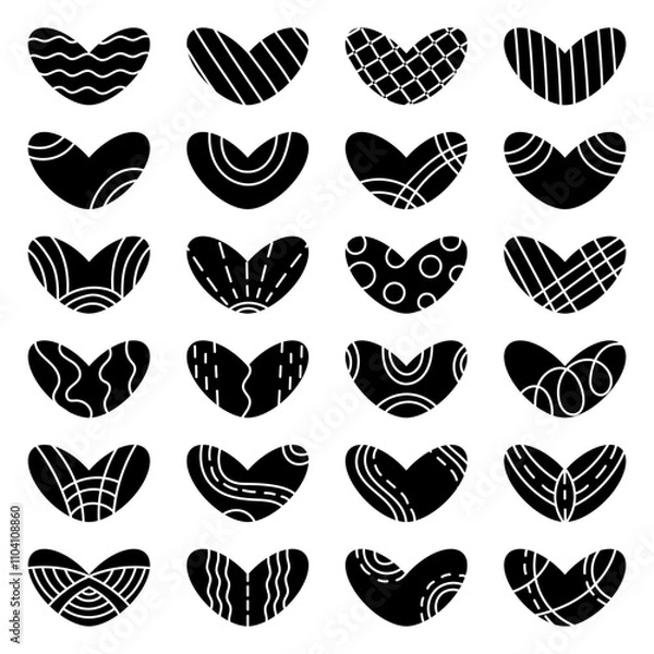 Obraz Heart in a flat style. A set of black heart icons with a white ornament. Design element.     