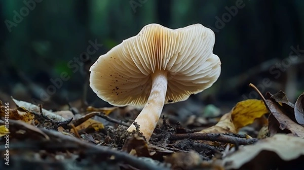 Fototapeta A close-up of a mushroom surrounded by fallen leaves in a forest setting.