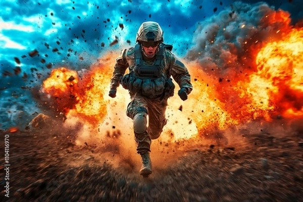Fototapeta Dynamic Depiction of a Soldier Sprinting through a Battlefield, Surrounded by Explosions, Capturing the Intensity and Chaos of War in a Vivid Scene