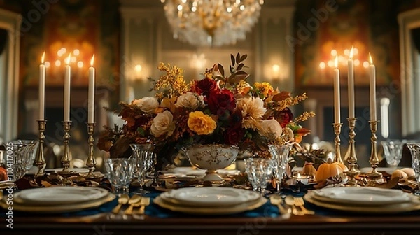 Fototapeta An elegant Thanksgiving dinner setup, fine china and gold-accented silverware, tall taper candles casting a gentle glow, lush floral arrangements with deep autumn colors,