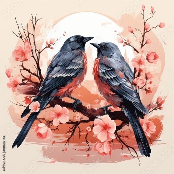 Fototapeta Two vibrant birds perched on a cherry blossom branch, set against a soft pastel background.