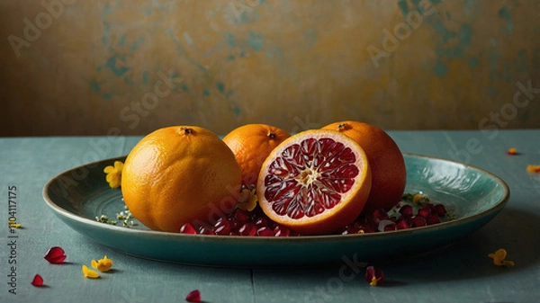 Obraz Bright Winter Citrus Platter. A vibrant assortment of sliced citrus fruits—blood oranges, grapefruits, lemons, and mandarins