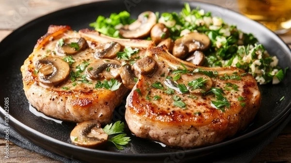 Fototapeta  a plate of pork chops with mushrooms and parsley on a black plate, placed on a wooden surface with a cloth underneath The background is slightly blurred, giving th