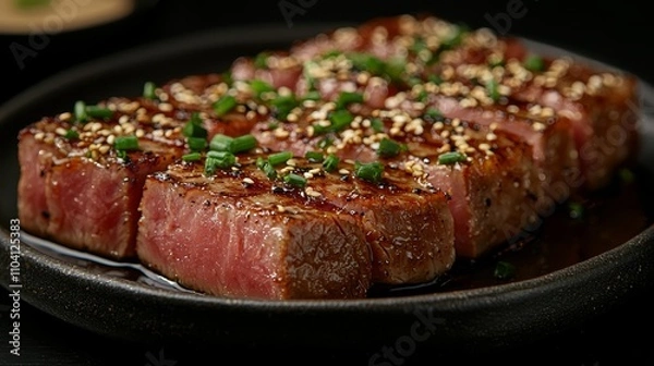 Fototapeta  a black plate topped with a piece of steak covered in sesame seeds and green onions The steak is cooked to perfection, with a golden-brown crust and a juicy, succu