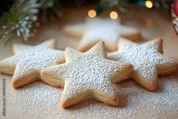 Fototapeta Star-shaped cookies dusted with powdered sugar on festive backdr