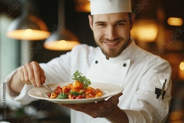 Obraz Chef presenting gourmet dish, focus on smiling face and food