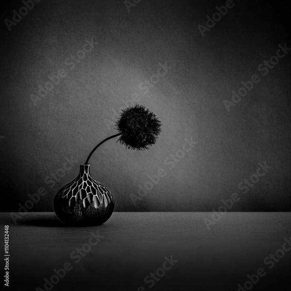 Fototapeta Fine Art Still Life Black and White image of a Black Pom Pom in a Small vase in Square Format