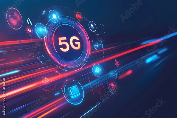 Fototapeta High-speed futuristic 5G network concept with glowing red and blue light trails, icons, and technology symbols representing ultra-fast connectivity and advanced communication systems