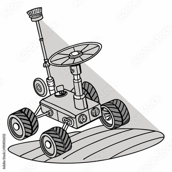 Fototapeta A rover exploring the rocky surface of Mars, surrounded by red soil and distant hills under a clear sky.
