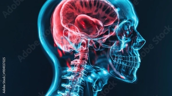 Fototapeta X-ray head scan, showing cranium and facial bones, 3D illustration
