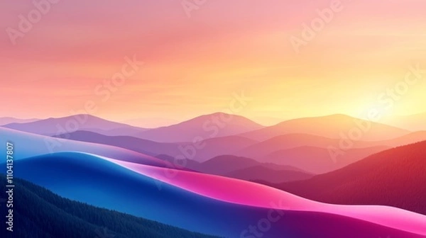 Fototapeta  a beautiful sunset over a mountain range with trees in the foreground The sky is a mix of vibrant oranges, pinks, and purples, and the sun is setting in the distan