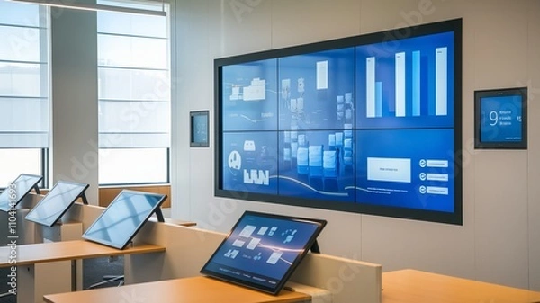 Fototapeta A photo of a modern office space with innovative display solutions. There is a large touch screen display wall with multiple screens Ai Generated