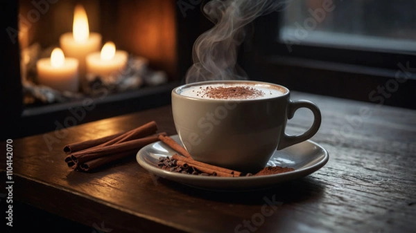 Obraz Steaming Cup of Cocoa with Minimalist Stylin. A plain white ceramic mug filled with rich, frothy hot cocoa, topped with a light layer of foam