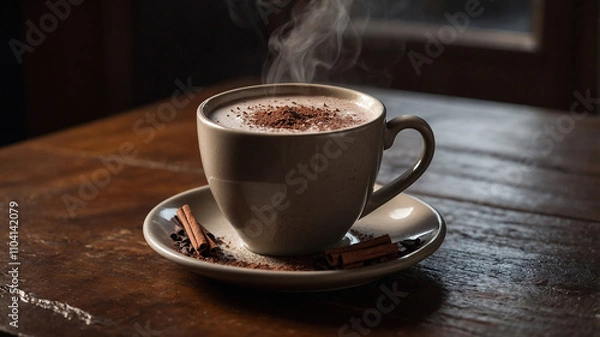 Obraz Steaming Cup of Cocoa with Minimalist Stylin. A plain white ceramic mug filled with rich, frothy hot cocoa, topped with a light layer of foam