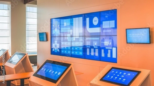 Obraz A photo of a modern office space with innovative display solutions. There is a large touch screen display wall with multiple screens Ai Generated