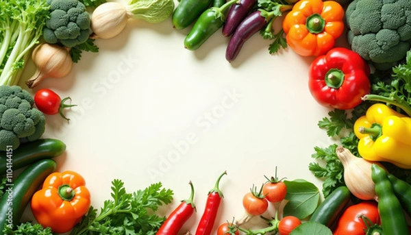 Fototapeta A rich assortment of colorful vegetables featuring broccoli and carrots creatively displayed on a light background for a healthy eating theme.