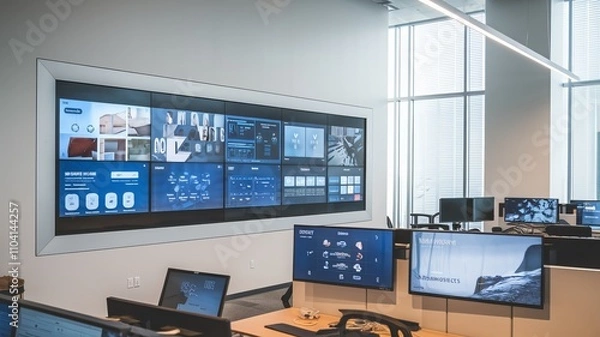 Fototapeta A photo of a modern office space with innovative display solutions. There is a large touch screen display wall with multiple screens Ai Generated