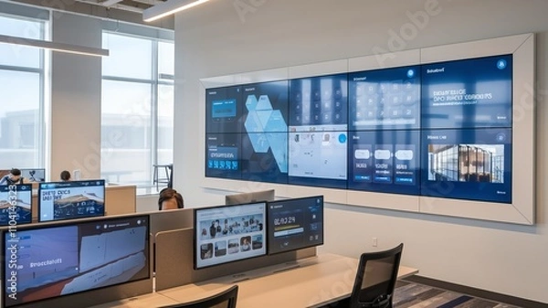 Obraz A photo of a modern office space with innovative display solutions. There is a large touch screen display wall with multiple screens Ai Generated
