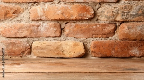 Fototapeta  an old brick wall with a wooden table in front of it The table is made of wood and has a rustic, aged look to it