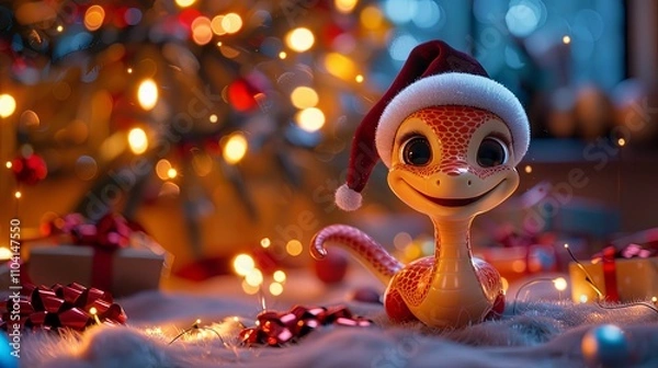 Fototapeta Festive Reptile in Santa Hat Amidst Christmas Lights and Presents