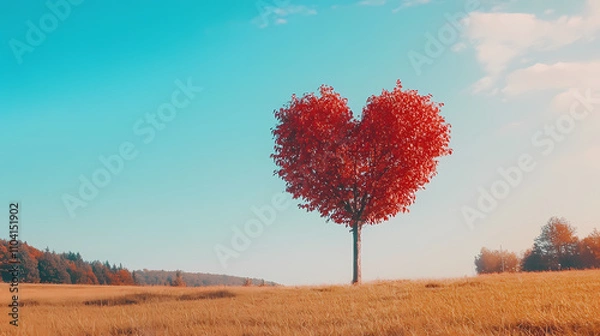 Fototapeta Vibrant red heart-shaped tree in a sunny field with blue sky in background, symbolic. Symbolic. Illustration