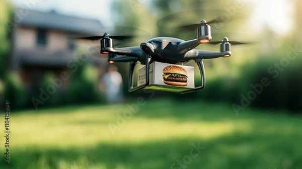Fototapeta A sleek black drone hovering in a green backyard, delivering a burger, showcasing the intersection of technology and food delivery.