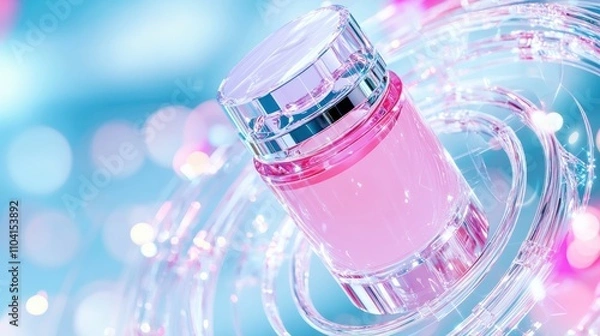 Fototapeta Swirling pink perfume bottle embodies futuristic allure.