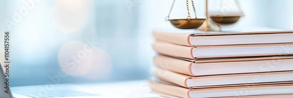 Obraz Stack of legal books with balancing scales beside laptop