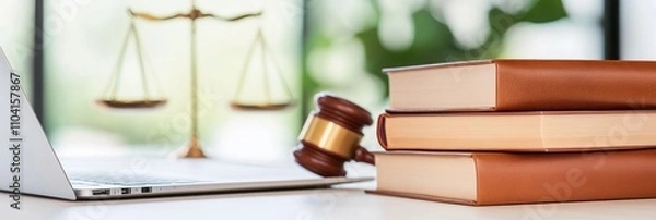 Fototapeta Gavel and books near laptop with justice scales behind