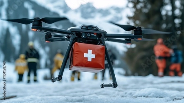 Fototapeta A high-tech drone equipped with a medical supply package flies over a snowy landscape where rescue teams are preparing for an operation.