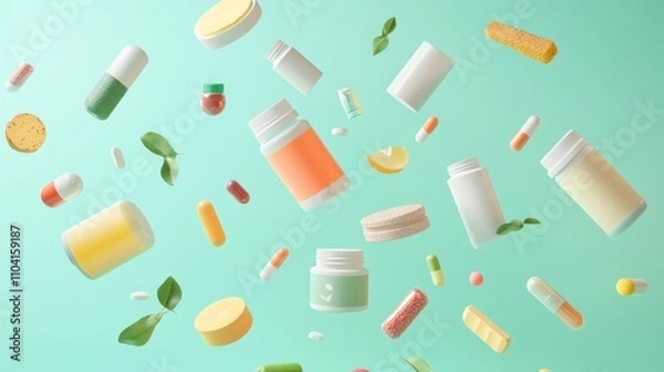 Fototapeta Well-organized floating supplements and leaves