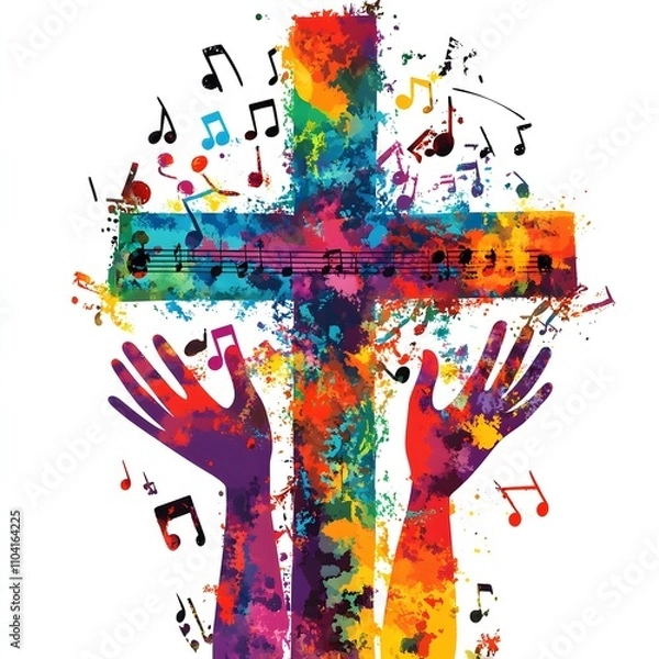 Obraz Colorful cross with raised hands and musical notes, expressing faith and worship through song.
