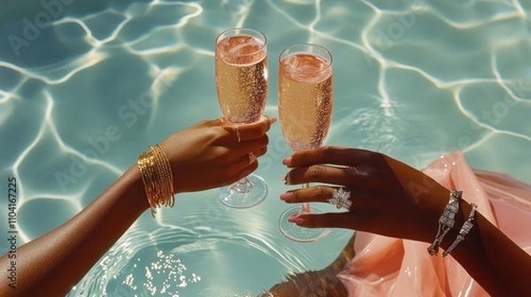 Obraz Elegant hands holding champagne flutes over pool