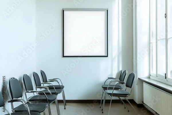 Obraz A minimalist waiting area with chairs and a blank frame on the wall.