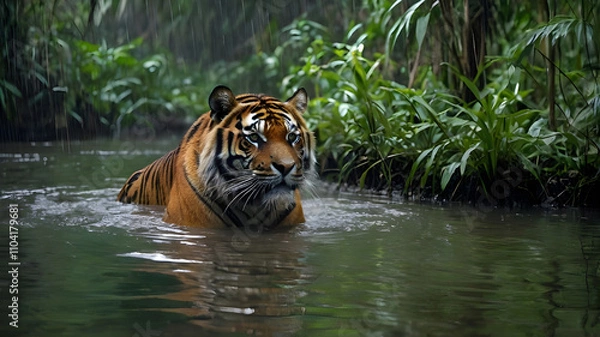 Fototapeta Deep in the rainforests of Sumatra, a Sumatran tiger silently moves through a swampy area aI