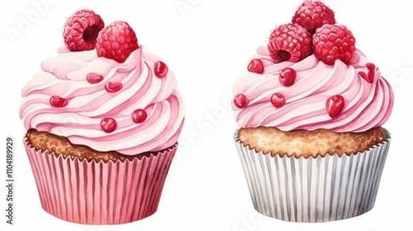 Fototapeta Two cupcakes with pink frosting and raspberries on top