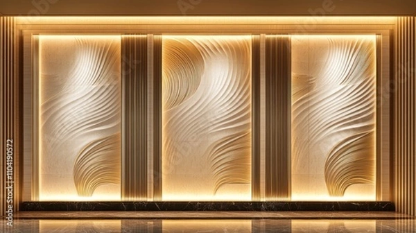 Fototapeta Elegant wall design with textured panels and ambient lighting for aesthetic appeal.