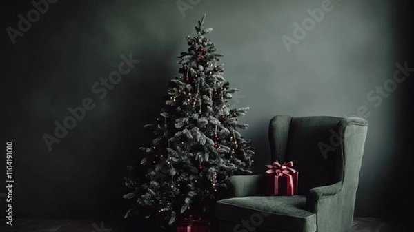 Fototapeta A Christmas tree is standing in front of a chair with a red bow on it