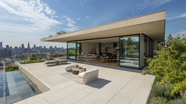 Fototapeta Modern architectural home with panoramic city views and outdoor seating area.