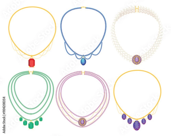 Fototapeta Set of beautiful jewelry necklaces in cartoon style. Vector illustration of precious necklaces and pendants, triple with different stones, pearls, clasps isolated on white background. Luxury jewelry.