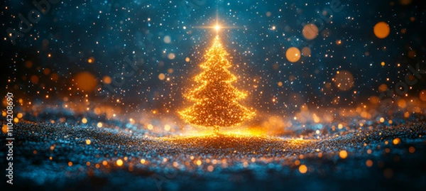 Fototapeta Sparkling christmas tree with golden lights in a snowy night scene