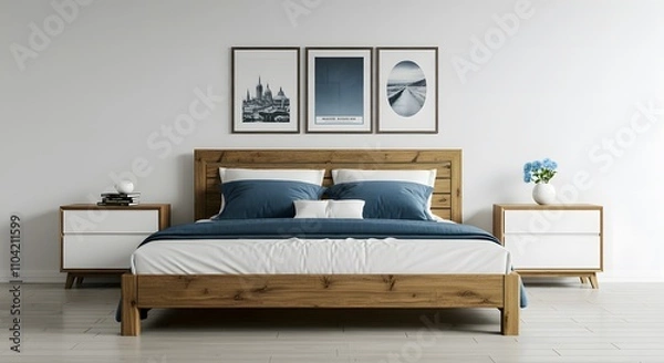 Fototapeta Rustic wooden bed with blue pillows and two bedside cabinets against white wall with three posters frames. Farmhouse interior design of modern bed room.