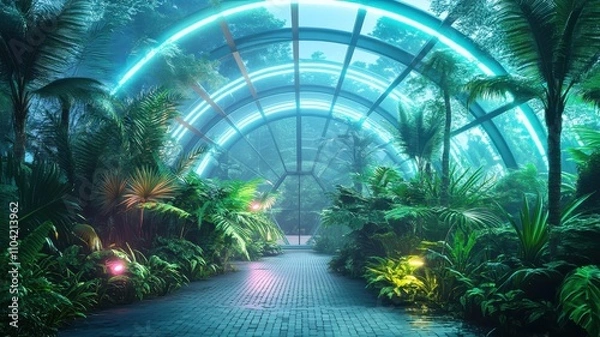 Fototapeta A lush, neon-lit greenhouse filled with vibrant plants, featuring a curved glass structure and a mystical atmosphere.