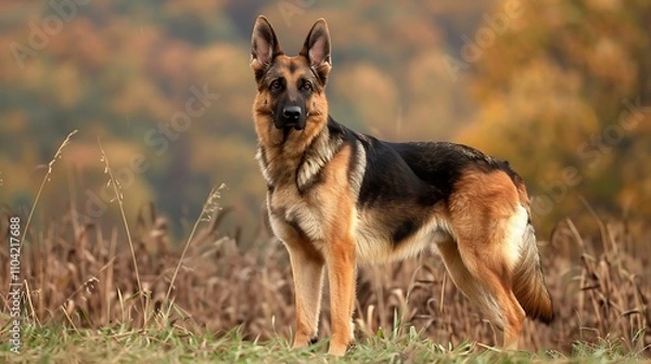 Fototapeta A majestic German Shepherd stands tall and alert in a picturesque autumn landscape, showcasing its powerful physique, intelligent gaze, and striking sable coat. 