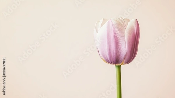 Fototapeta A single soft lavender tulip against a light beige background, close-up shot, Minimalist style