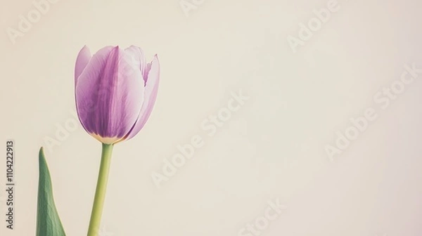 Fototapeta A single soft lavender tulip against a light beige background, close-up shot, Minimalist style
